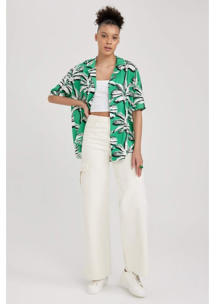 Oversize Desenli Pijama Yaka Kısa Kollu Gömlek