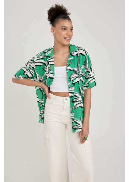 Oversize Desenli Pijama Yaka Kısa Kollu Gömlek