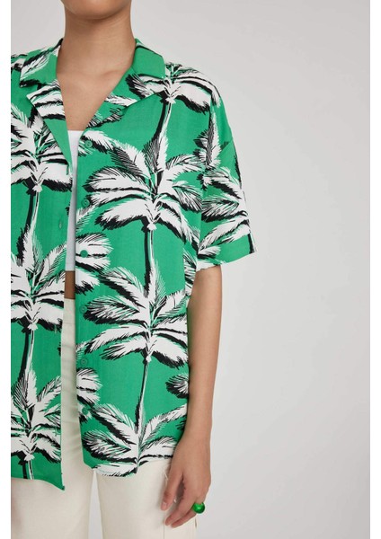 Oversize Desenli Pijama Yaka Kısa Kollu Gömlek