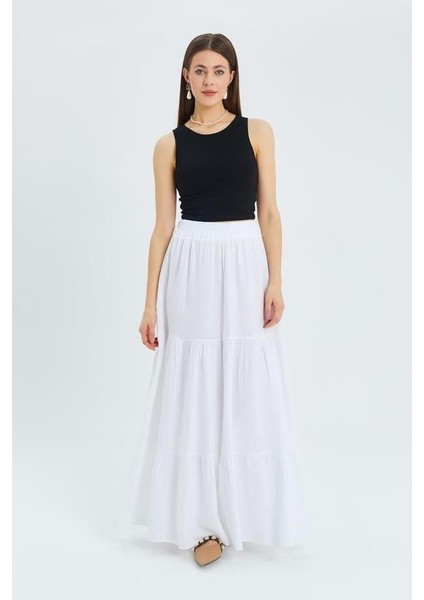 4567 Kadın Fırfırlı Uzun Müslin Etek Beyaz