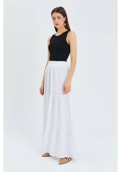 4567 Kadın Fırfırlı Uzun Müslin Etek Beyaz modelleri
