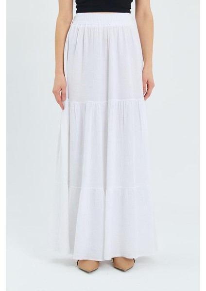 4567 Kadın Fırfırlı Uzun Müslin Etek Beyaz fırsatları
