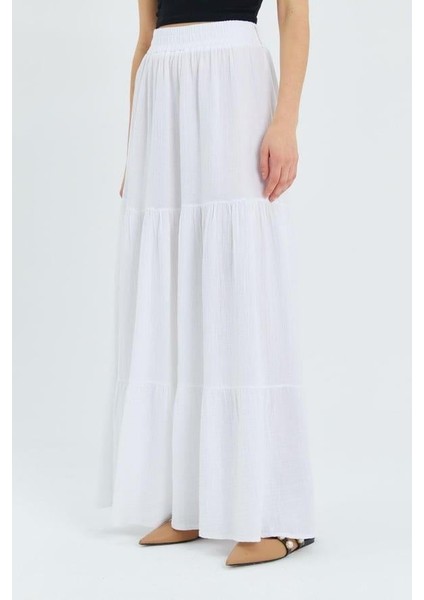 4567 Kadın Fırfırlı Uzun Müslin Etek Beyaz indirimleri