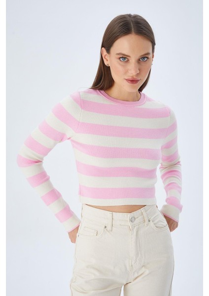 6644 Kadın Bisiklet Yaka Çizgili Kazak Şeker Pembe