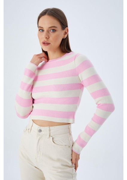 6644 Kadın Bisiklet Yaka Çizgili Kazak Şeker Pembe fiyatları