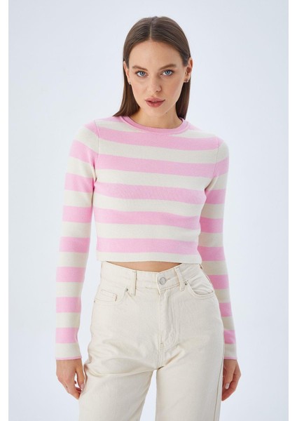 6644 Kadın Bisiklet Yaka Çizgili Kazak Şeker Pembe modelleri