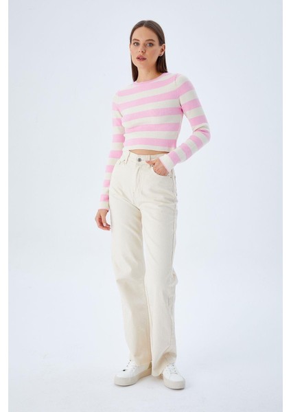 6644 Kadın Bisiklet Yaka Çizgili Kazak Şeker Pembe fırsatları
