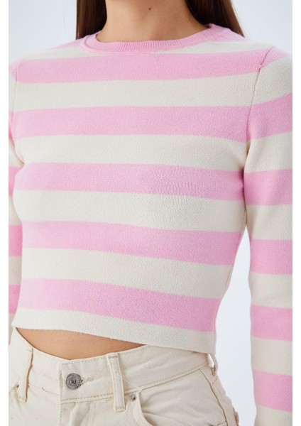 6644 Kadın Bisiklet Yaka Çizgili Kazak Şeker Pembe indirimleri