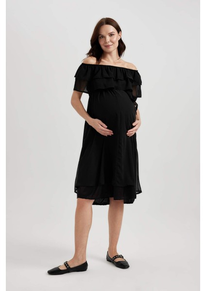 Omuzu Açık Basic Düz Midi Hamile Mini Elbise B1333AX23SM