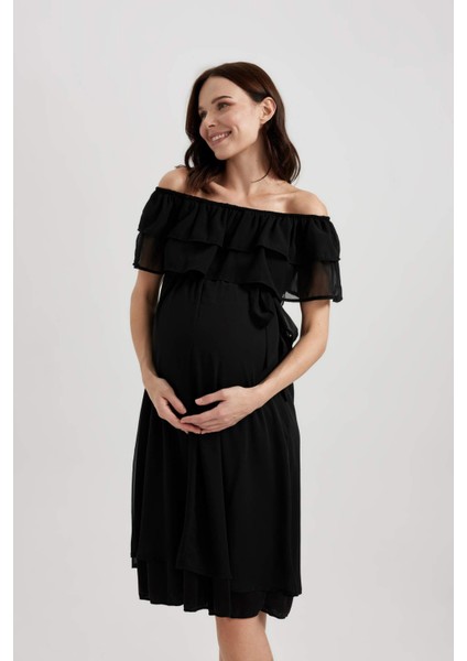 Omuzu Açık Basic Düz Midi Hamile Mini Elbise B1333AX23SM