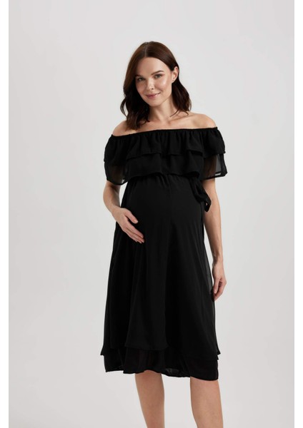 Omuzu Açık Basic Düz Midi Hamile Mini Elbise B1333AX23SM
