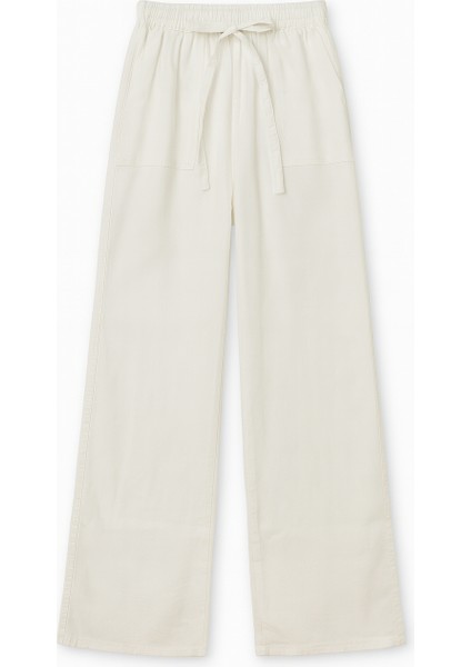 4629 Kadın Bol Paça Yüksek Bel Viskon Palazzo Pantolon Beyaz