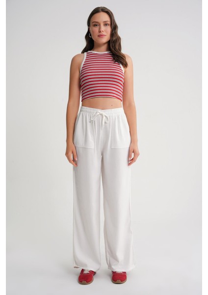 4629 Kadın Bol Paça Yüksek Bel Viskon Palazzo Pantolon Beyaz modelleri