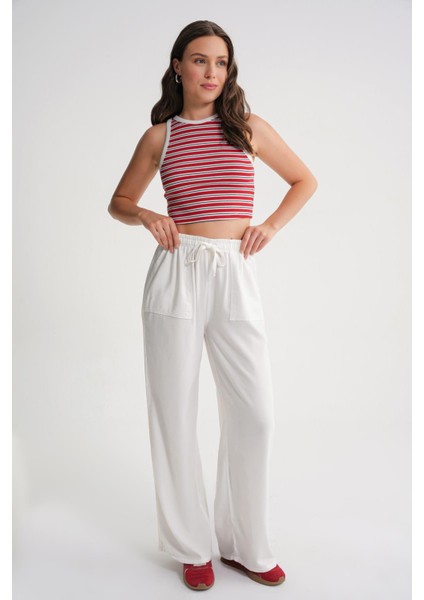 4629 Kadın Bol Paça Yüksek Bel Viskon Palazzo Pantolon Beyaz indirimleri