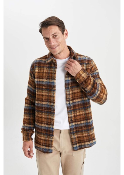 Polo Yaka Düğmeli Kareli Uzun Kollu Gömlek Ceket A7997AX23WN