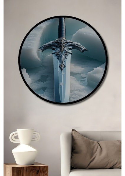 Çerçeve Görünümlü Buz Kraliçesi Kılıcı Yağlı Boya Görünümlü Dekoratif Ahşap Ofis Yuvarlak Tablo