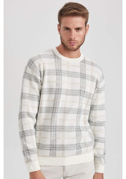 Relax Fit Bisiklet Yaka Desenli Triko Kazak Y0619AZ23WN