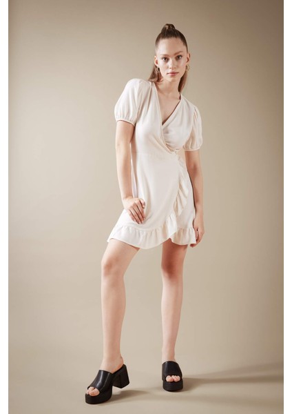 Wrap Yaka Keten Mini Kısa Kollu Elbise