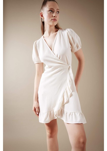 Wrap Yaka Keten Mini Kısa Kollu Elbise