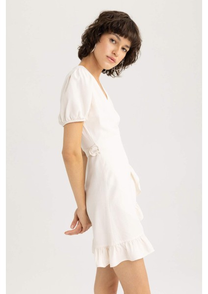 Wrap Yaka Keten Mini Kısa Kollu Elbise