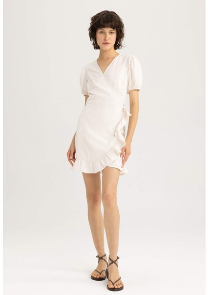 Wrap Yaka Keten Mini Kısa Kollu Elbise