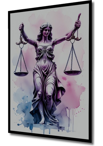 Çerçeve Görünümlü Adalet Tanrıçası Terazisi Sulu Boya Görünümlü Dekoratif Ahşap Ofis Kare Tablo fiyatları