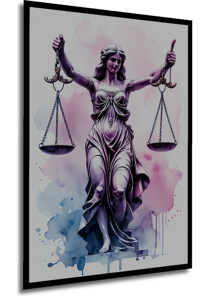 Çerçeve Görünümlü Adalet Tanrıçası Terazisi Sulu Boya Görünümlü Dekoratif Ahşap Ofis Kare Tablo modelleri