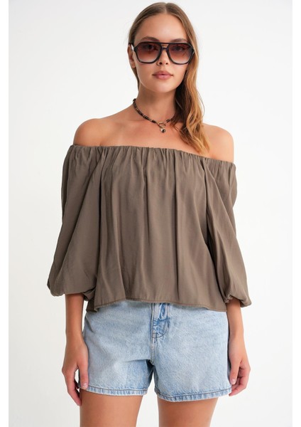 4706 Kadın Sırtı Açık Balon Kol Straplez Bluz Haki