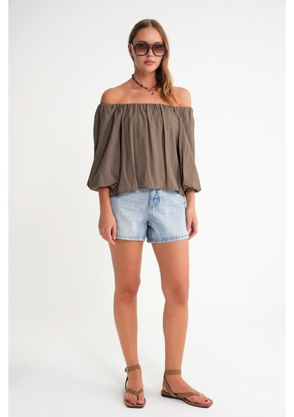 4706 Kadın Sırtı Açık Balon Kol Straplez Bluz Haki fiyatları