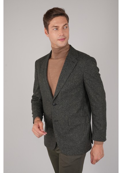 Comfort Fit Haki Mono Yaka Çift Yırtmaçlı 6 Drop Erkek Ipek Yün Ceket PCK24K24207_D49