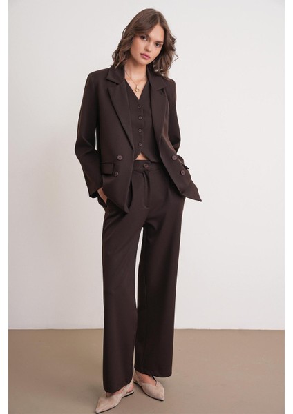 4744 Kadın Düğmeli Palazzo Pantolon Kahve