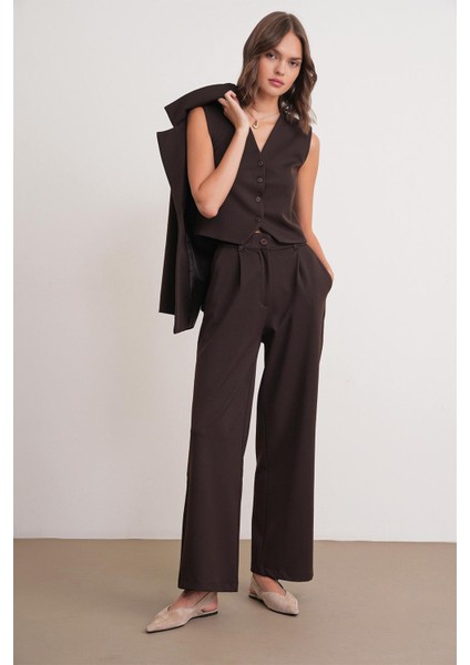 4744 Kadın Düğmeli Palazzo Pantolon Kahve fırsatları