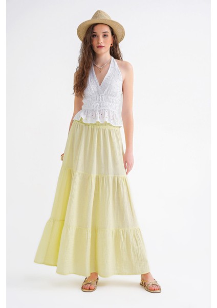 4567 Kadın Fırfırlı Uzun Müslin Etek Pastel Sarısı