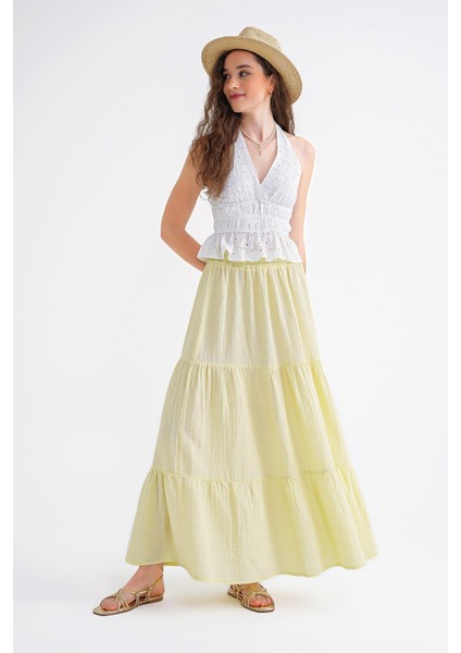 4567 Kadın Fırfırlı Uzun Müslin Etek Pastel Sarısı fiyatları