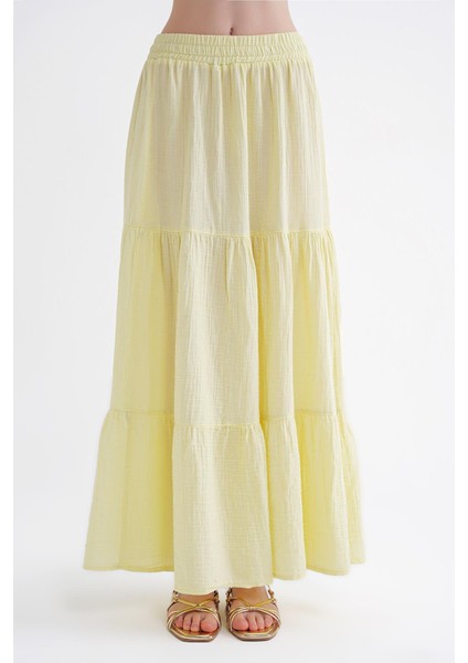 4567 Kadın Fırfırlı Uzun Müslin Etek Pastel Sarısı modelleri
