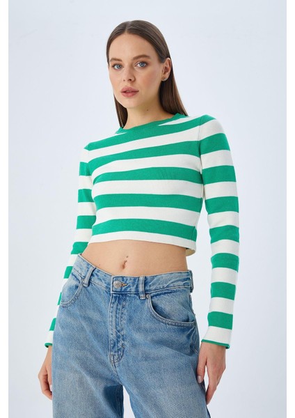 6644 Kadın Bisiklet Yaka Çizgili Kazak Yeşil