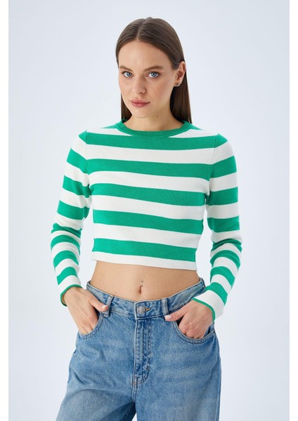 6644 Kadın Bisiklet Yaka Çizgili Kazak Yeşil fiyatları