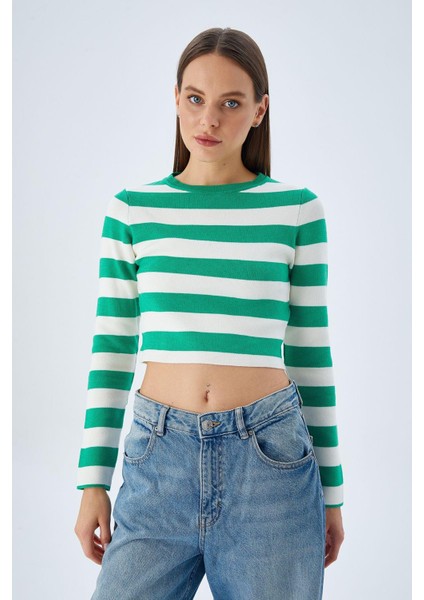 6644 Kadın Bisiklet Yaka Çizgili Kazak Yeşil modelleri