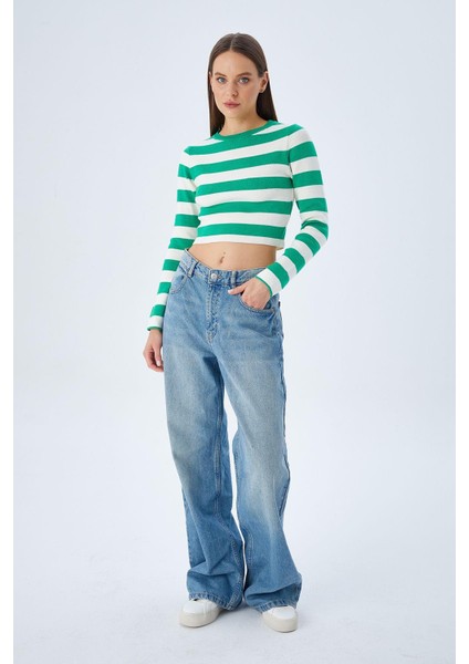 6644 Kadın Bisiklet Yaka Çizgili Kazak Yeşil fırsatları