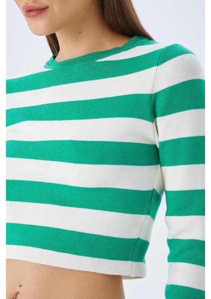 6644 Kadın Bisiklet Yaka Çizgili Kazak Yeşil indirimleri