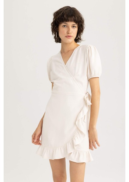 Wrap Yaka Keten Mini Kısa Kollu Elbise