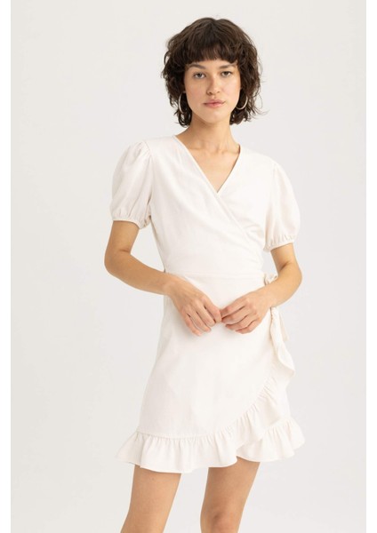 Wrap Yaka Keten Mini Kısa Kollu Elbise