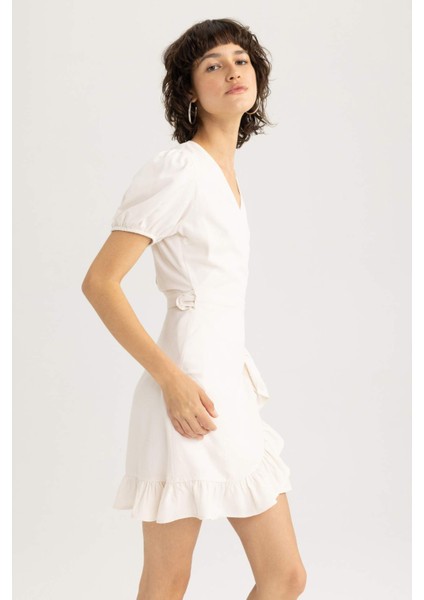 Wrap Yaka Keten Mini Kısa Kollu Elbise