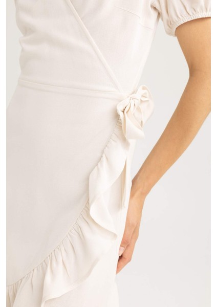 Wrap Yaka Keten Mini Kısa Kollu Elbise
