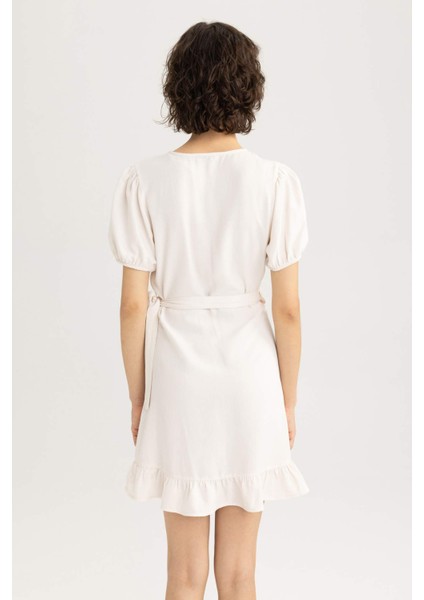 Wrap Yaka Keten Mini Kısa Kollu Elbise