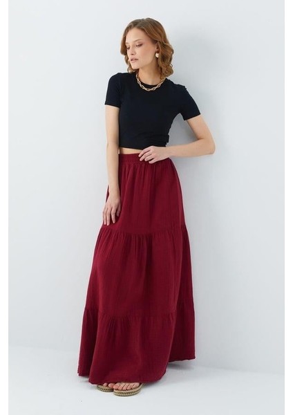 4567 Kadın Fırfırlı Uzun Müslin Etek Bordo fiyatları