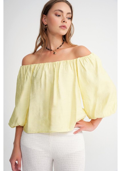 4706 Kadın Sırtı Açık Balon Kol Straplez Bluz Sarı modelleri