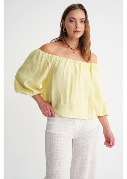 4706 Kadın Sırtı Açık Balon Kol Straplez Bluz Sarı fırsatları