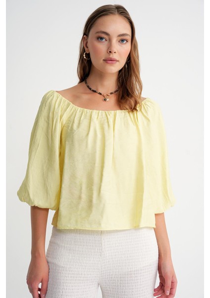 4706 Kadın Sırtı Açık Balon Kol Straplez Bluz Sarı indirimleri
