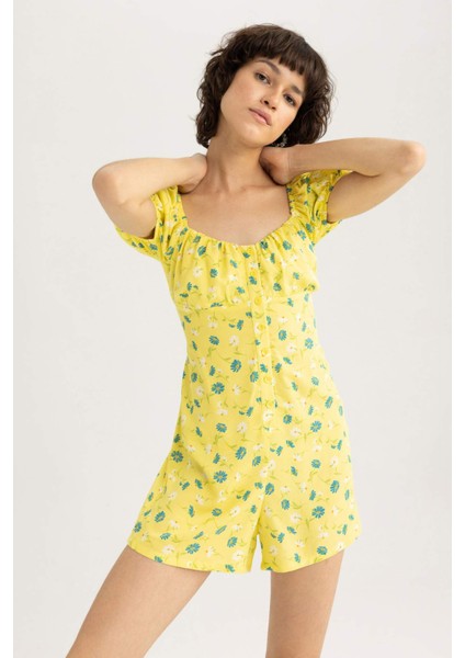 Kalp Yaka Limon Desenli Kısa Kollu Mini Tulum U6852AZ23HS